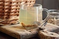 Burdock root tea in a glass cup with dry herb and old apothecary books nearby on wooden rustic background Royalty Free Stock Photo