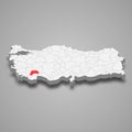 Burdur region location within Turkey 3d map