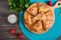 Burek Turkish pie. Lavash puff pie with cheese and sesame seeds. Top view