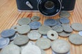 Burela, Spain 04 04 2023 : antique coins and old cameras