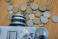 Burela, Spain 04 04 2023 : antique coins and old cameras