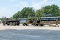 German military forklift FUG 2, 5 on a trailer at open day in barrack burg