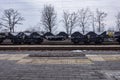 Burgas, Bulgaria - January 24, 2017 - Freight cargo train - black cars wagons - New 6-axled flat wagon - Type: Sahmmn - Model WW 6 Royalty Free Stock Photo
