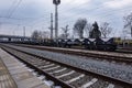 Burgas, Bulgaria - January 24, 2017 - Freight cargo train - black cars wagons - New 6-axled flat wagon - Type: Sahmmn - Model WW 6 Royalty Free Stock Photo