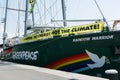 BURGAS, BULGARIA - JUNE 7, 2019: Greenpeace Rainbow Warrior sailing ship at the Port of Burgas, Bulgaria.