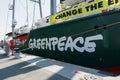 BURGAS, BULGARIA - JUNE 7, 2019: Greenpeace Rainbow Warrior sailing ship at the Port of Burgas, Bulgaria.