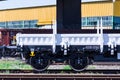 Burgas, Bulgaria - March 20, 2017 - Freight cargo train Wheels - 4axled flat wagon white Type:Rens Model:192, B - Transvagon AD Royalty Free Stock Photo
