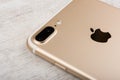 BURGAS, BULGARIA - OCTOBER 22, 2016: New Apple iPhone 7 Plus Gold on white background, back side, illustrative editorial Royalty Free Stock Photo