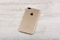 BURGAS, BULGARIA - OCTOBER 22, 2016: New Apple iPhone 7 Plus Gold on white background, back side, illustrative editorial Royalty Free Stock Photo