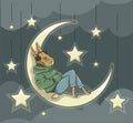 Rabbit listenning to music on the moon cartoon