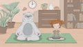 Yoga classes at home together. Red curly girl with a bear are practiceng meditation in the living room