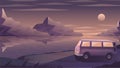A hippie van near the lake. Night sky and mountains Royalty Free Stock Photo