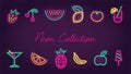 Neon fruit and drinks collection. Synth wave neon glow