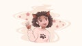 Cute black anime girl wearing a beige sweater with cat footprint saying `Hi!`