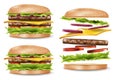 Burger ads for your design, delicious hamburger mockup side view. Jumping Realistic Burger with refreshing ingredients