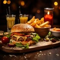 Burger with all the classic fixings. Tasty burger on with fries. Photo for restaurant, menu, adverising, banner Royalty Free Stock Photo