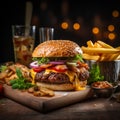 Burger with all the classic fixings. Tasty burger on with fries. Photo for restaurant, menu, adverising, banner Royalty Free Stock Photo