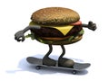 Burger with arms and legs on skateboard