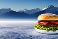 Burger on the background of winter mountains. AI generative