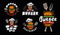 Burger badge set. Fast food emblem and logo. Collection of design elements for restaurant menu. Vector illustration Royalty Free Stock Photo