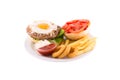 Burger with beef cutlet, egg and tomatoes. Served on a white plate.