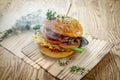 burger with beef cutlet and fresh vegetables without harmful additives for healthy nutrition in smoke Royalty Free Stock Photo