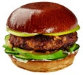 Burger with beef patty, apple, cucumber, avocado and sauce isolated in white