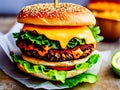 Burger with beef patty on red wooden table. Beef cheesy burger on wooden plate. double cheese burger. image created with