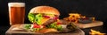 Burger and beer panorama. Hamburger with beef, cheese, onion, tomato, and green salad, with pickles and French fries, a Royalty Free Stock Photo