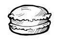 Burger in bun with herbs and meat. Hand drawing outline. Isolated on white background. Loaf and bread sweet rolls