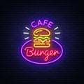 Burger cafe neon sign. Fastfood burger sandwich neon style logo, bright banner, design template, night neon advertising Royalty Free Stock Photo