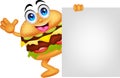 Burger cartoon characters with blank sign