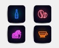 Burger, Champagne bottle and Coffee beans icons. Americano sign. Cheeseburger, Anniversary alcohol, Whole bean. Vector