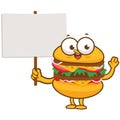 Hamburger character holding a blank sign. Vector illustration