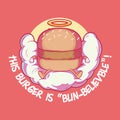 Burger character is seated on a cloud with a halo on top vector illustration.