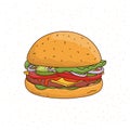Burger with cheese, cucumber, cutlet, lettuce, onion, sauce, tomato, beef and salad. Colorful hand drawn vector