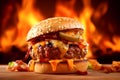 Burger with cheese, lettuce, sauce and cucumber on a wooden board, fire in the background