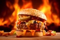 Burger with cheese, lettuce, sauce and cucumber on a wooden board, fire in the background