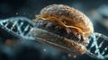 Burger with cheese resting on a dna strand representing genetic modification Royalty Free Stock Photo