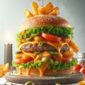 Burger cheese with smooky beef and fresh vegetables, and extra potatoes Royalty Free Stock Photo