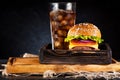 Burger cheeseburger with cutlet, cheese and vegetables in a wooden lunch box