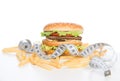 Burger cheeseburger meal with french fries tape measure Royalty Free Stock Photo