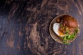 Burger with cherry tomato, green sprout and fried egg Royalty Free Stock Photo