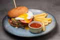 Burger with chicken cutlet and egg with french fries and ketchup Royalty Free Stock Photo