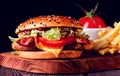 Burger with chicken cutlet, fried bacon and vegetables, French fries, glass of beer, on a wooden board, no people Royalty Free Stock Photo