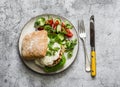 Burger with chicken cutlet, mozzarella cheese and mayonnaise mustard sauce and vegetables salad on a grey background, top view