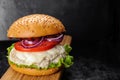 Burger with chicken cutlet, tomato sauce and mozzarella