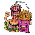Burger Cola drink fries potatoes. fast food characters friends lunch Royalty Free Stock Photo