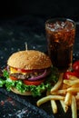 burger cola fries. Selective focus.