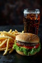 burger cola fries. Selective focus.